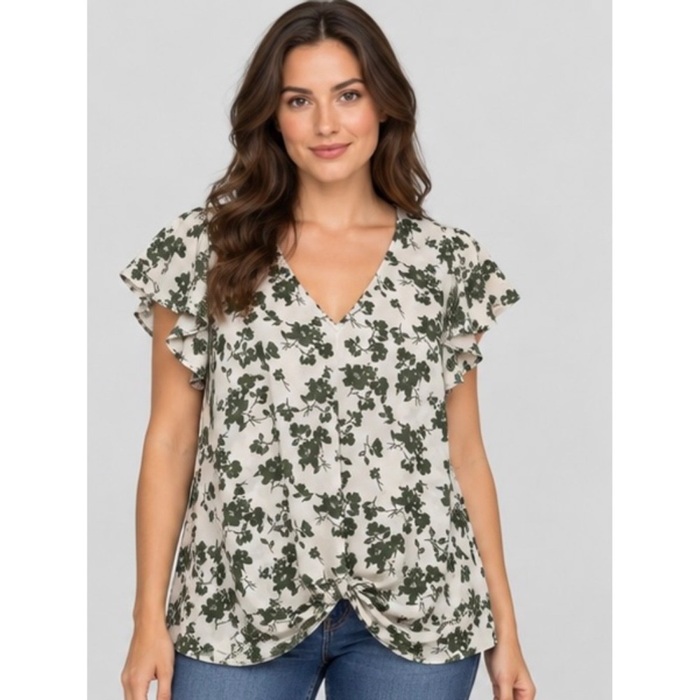 West Kei Women Large Green Floral Blouse Flutter Sleeve Tie Front Boho V-Neck